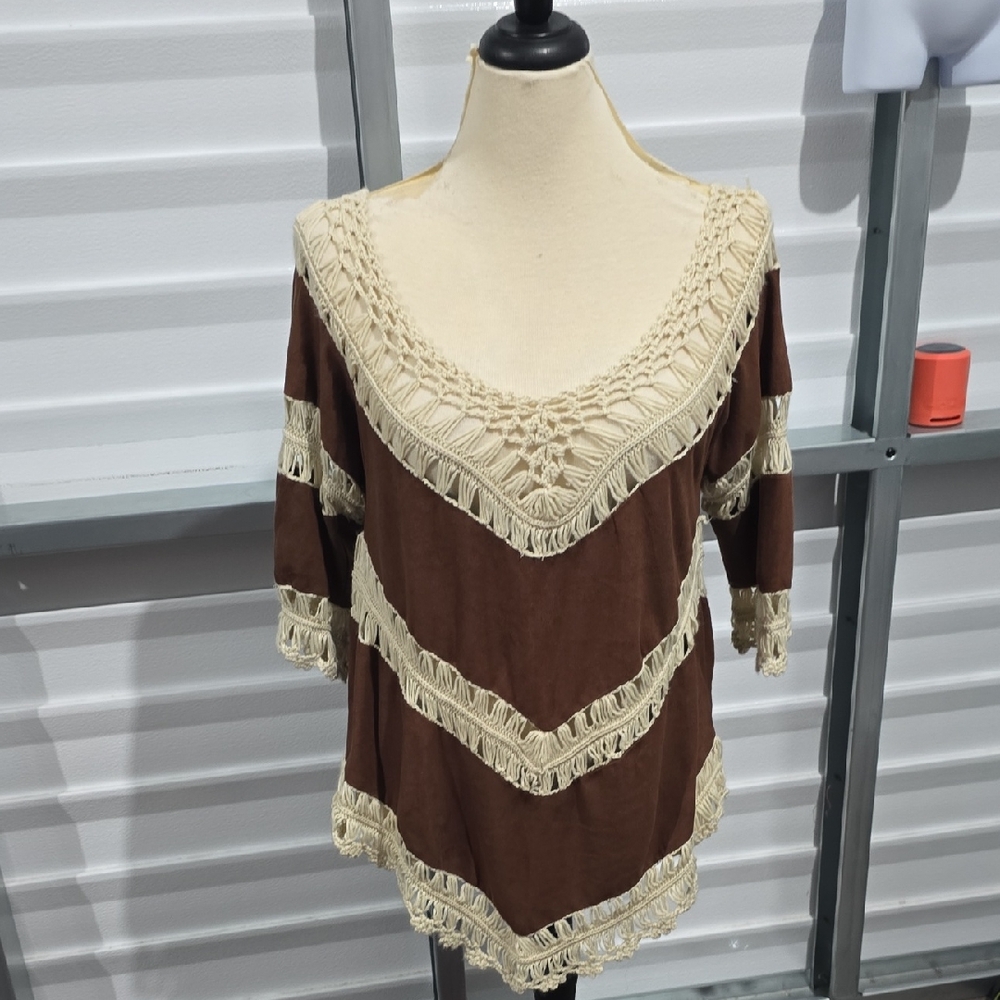 GeeGee Brown and Cream‎ Embellished Crochet  Asymmetrical Tunic Size Small